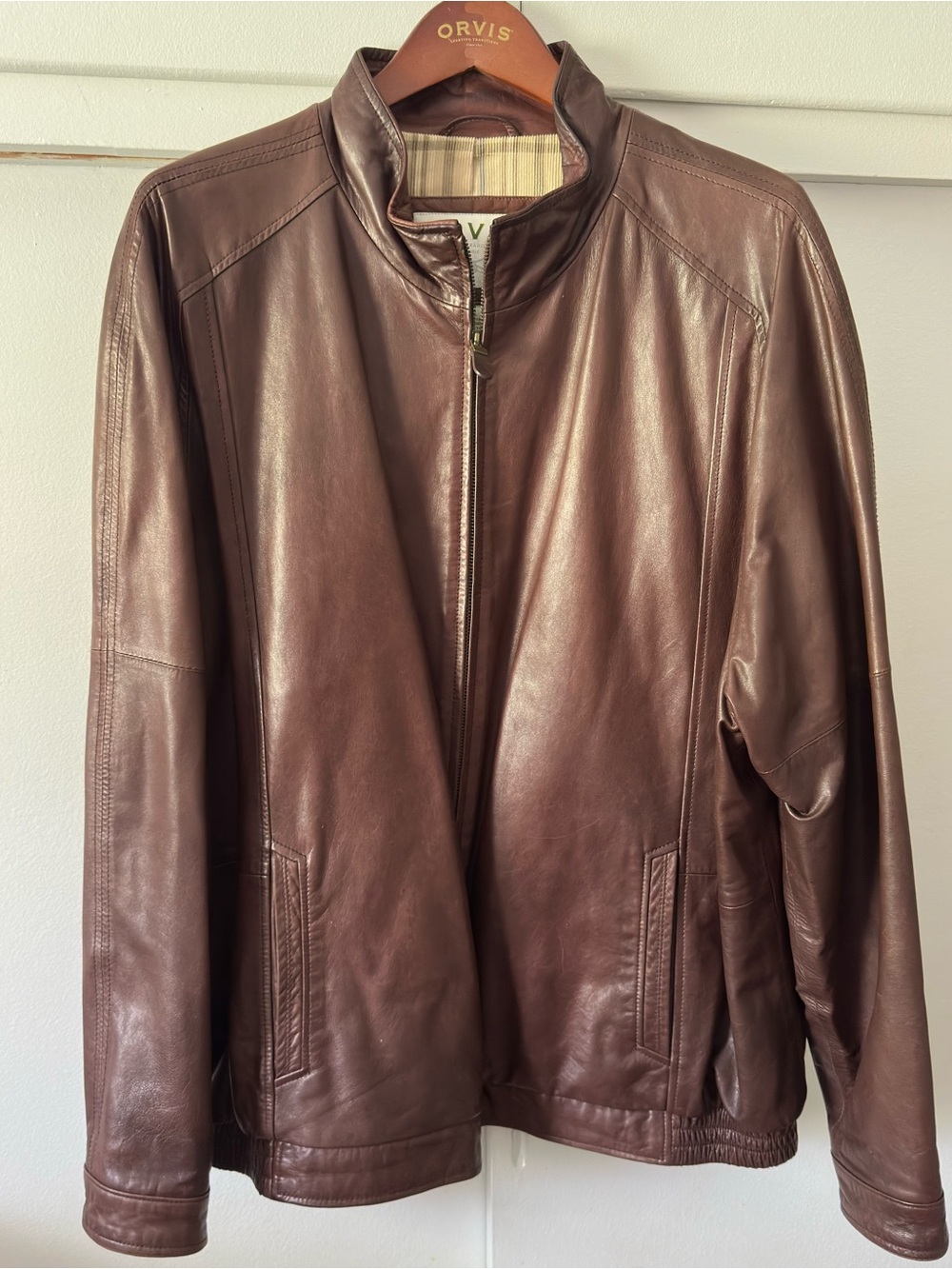 Orvis Men’s XL Brown 100% Leather Jacket Zip Up Bomber Style